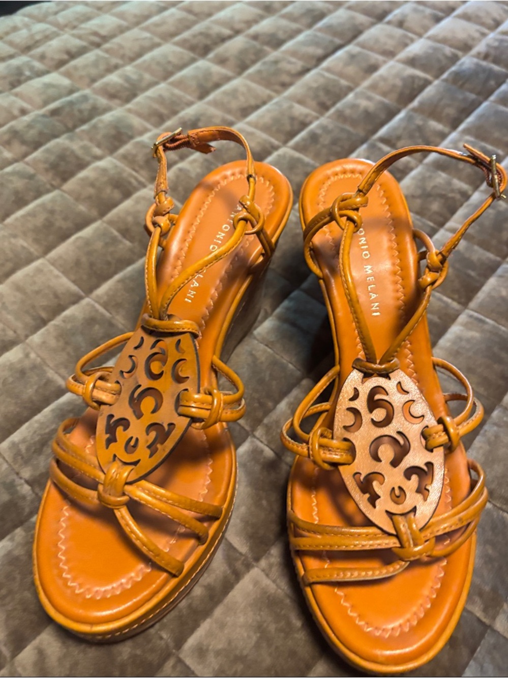 ANTONIO MELANI Cognac Orange Leather Laser-Cut T-Strap Sandals